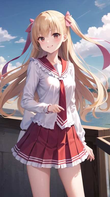 masterpiece, best quality, highres, aariko, long hair, blonde hair, two side up, hair ribbon, pink ribbon, , frills, serafuku, sailor collar, necktie, white shirt, long sleeves, red skirt, standing, cowboy shot, outdoors, smile