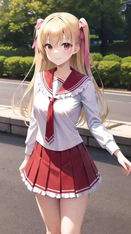 masterpiece, best quality, highres, aariko, long hair, blonde hair, two side up, hair ribbon, pink ribbon, , frills, serafuku, sailor collar, necktie, white shirt, long sleeves, red skirt, standing, cowboy shot, outdoors, smile