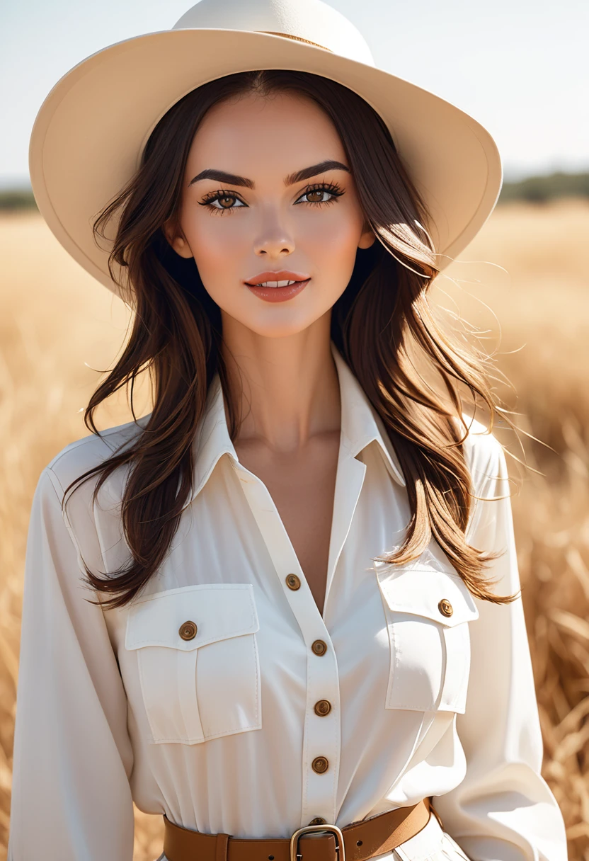 woman in white hat, estilo safari, plano retro branco e campo aberto no fundo, Dia ensolarado, medium shot, foto de alta qualidade.