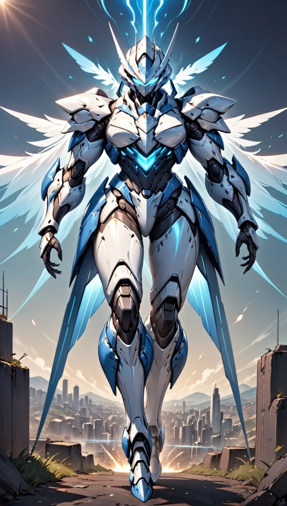 Humanoid Mecha, fully enclosed shoulder guards, matching arm and leg guards, full body, full armor, the design balances heavy with agility, (the color scheme is primarily white with red and blue accents, the concept Inspired by Super robot, organic biotech armor, standing, floating high above the futuristic sci-fi city), exquisite and mature art style, (aura effect, energy, glowing eyes, the armor glows), ((SRS)), metallic, dynamic, dramatic, high definition, best quality, highres, ultra-detailed, ultra-fine painting, extremely delicate, professional, perfect body proportions, anatomically correct, symmetrical face, extremely detailed eyes and face, high quality eyes, creativity, RAW photo, UHD, 32k, Natural light, cinematic lighting, masterpiece-anatomy-perfect, masterpiece:1.5