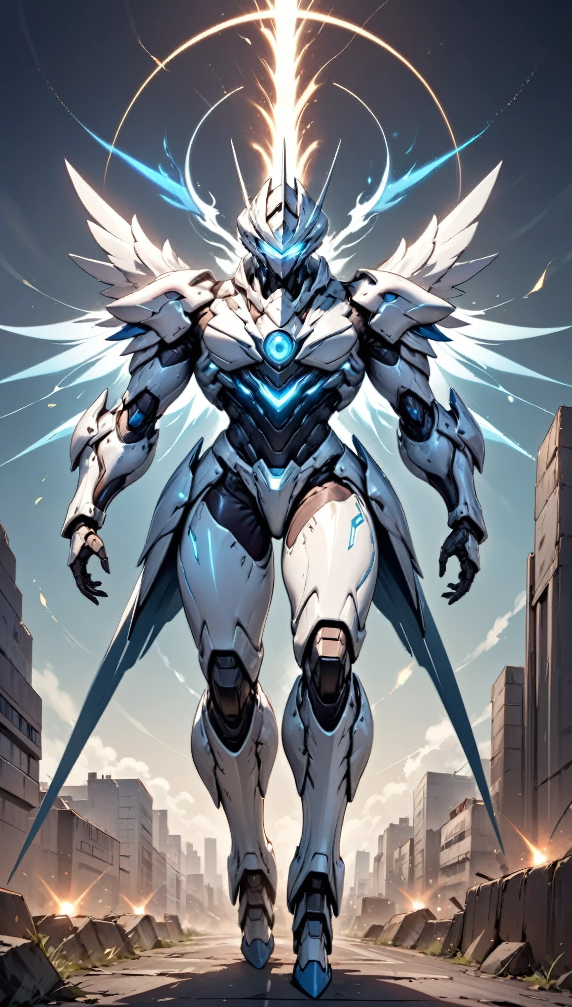 Humanoid Mecha, fully enclosed shoulder guards, matching arm and leg guards, full body, full armor, the design balances heavy with agility, (the color scheme is primarily white with red and blue accents, the concept Inspired by Super robot, organic biotech armor, standing, floating high above the futuristic sci-fi city), exquisite and mature art style, (aura effect, energy, glowing eyes, the armor glows), ((SRS)), metallic, dynamic, dramatic, high definition, best quality, highres, ultra-detailed, ultra-fine painting, extremely delicate, professional, perfect body proportions, anatomically correct, symmetrical face, extremely detailed eyes and face, high quality eyes, creativity, RAW photo, UHD, 32k, Natural light, cinematic lighting, masterpiece-anatomy-perfect, masterpiece:1.5