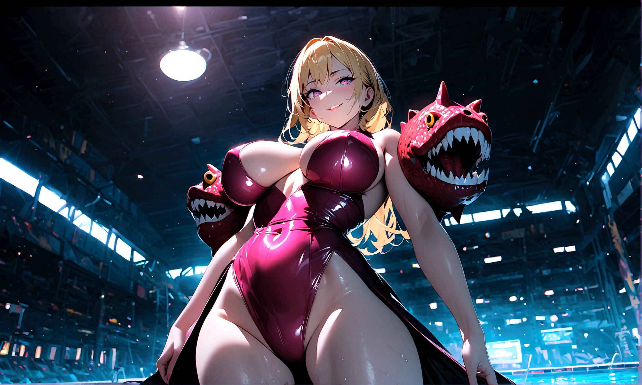 1girl, Blonde, Blonde hair, big breast, perfect body, with toned muscles that suggest strength and elegance, perfectly made-up face, with full lips and hypnotizing eyes, pink leather dress, on the pool, piranhas, seductive smile, smirk, cinematic lighting, wide shot, from below, Nikon, 8k, super detail, 4K, anatomically correct, textured skin