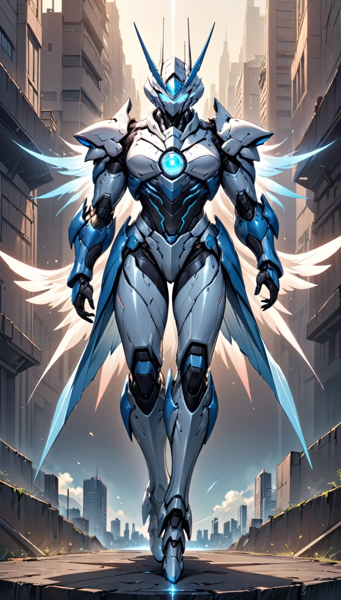 Humanoid Mecha, fully enclosed shoulder guards, matching arm and leg guards, full body, full armor, the design balances heavy with agility, (the color scheme is primarily white with red and blue accents, the concept Inspired by Super robot, organic biotech armor, standing, floating high above the futuristic sci-fi city), exquisite and mature art style, (aura effect, energy, glowing eyes, the armor glows), ((SRS)), metallic, dynamic, dramatic, high definition, best quality, highres, ultra-detailed, ultra-fine painting, extremely delicate, professional, perfect body proportions, anatomically correct, symmetrical face, extremely detailed eyes and face, high quality eyes, creativity, RAW photo, UHD, 32k, Natural light, cinematic lighting, masterpiece-anatomy-perfect, masterpiece:1.5