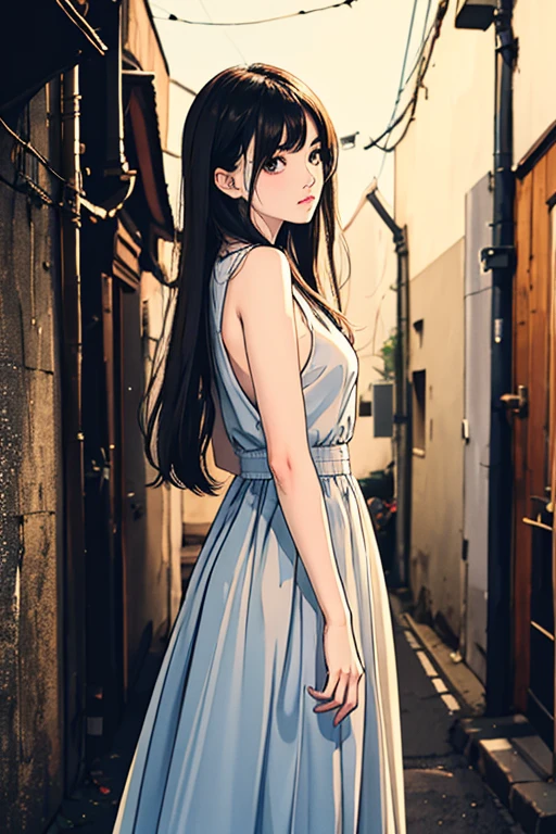 highest quality、masterpiece、High sensitivity、High resolution、One Woman、Looking at me with a frightened expression、In a dimly lit back alley、His clothes were cut with a knife、Covering exposed skin with hands、