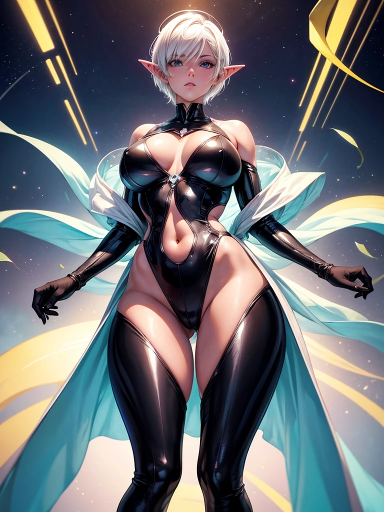 A stunning beauty space Elf girl in a space ship. Black eyes and platinum blonde short hair. Big chest, beautiful belly and thighs, trully voluptuous body, wearing transparent see-through space suits, beautiful body lines. HD images, colorful background, sci-fi vibes. Optimum detailed background. Optimum detailed anatomy. Full body potrait, wide angles, head to toes. Create with many poses. A MASTERPIECE.