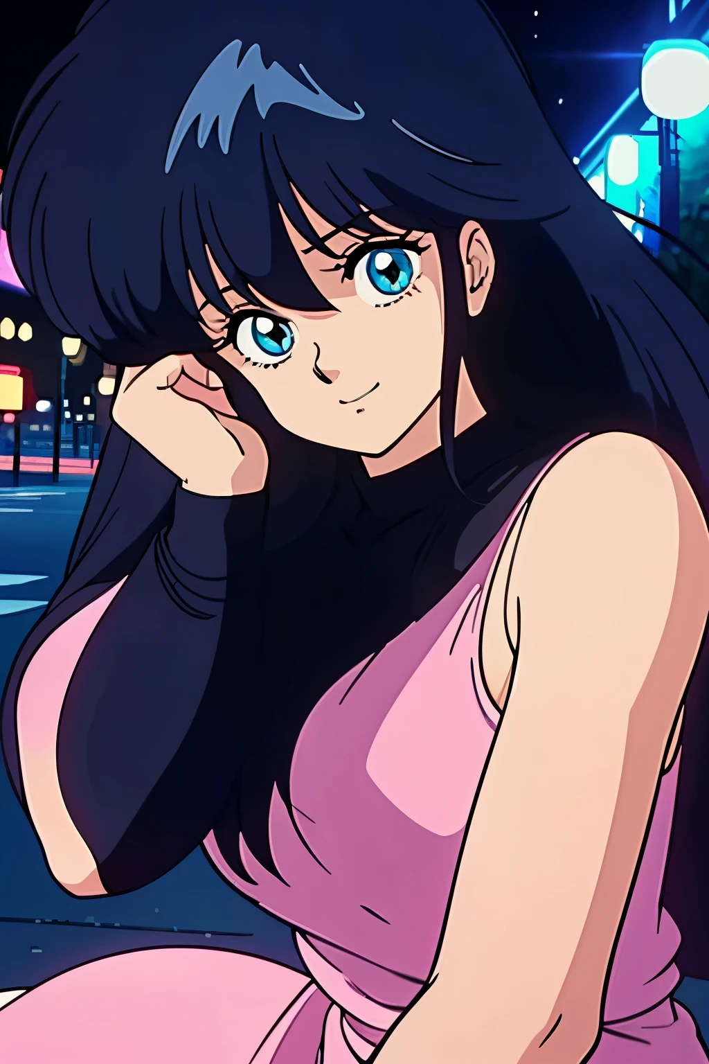 high quality, masterpiece, best quality, anime screen cap, park, night, shadows, shadows, blue lights, neon blue lights, bokeh, bokeh effect, tokyo, 80s, 80s tokyo night, 1girl, tired eyes, exhauted eyes, tiredness, fatigue, smile, sitting, pink sweater, jeans, dark blue hair, Arms Down, ((Perfect Anatomy, beautifull detailed face, Beautiful detailed eyes, beautiful detailed hair, Beautiful detailed body)), thick outline, Beautiful outlines, black outlines
