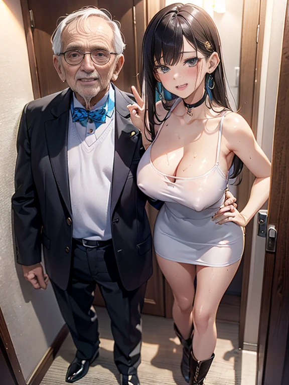 perfect human body, 1 old man, 1 girl、couple、hetero、 software, ((realistic)), (highly detailed background、In front of the door of the Bathroom), ((short girl, 、transparent mini sexy dress woman), (((Stand next to the girl、old man putting his hand on girl's shoulder))), ((woman waving)), ((Sweat,vapor,))), big breasts、((expression of fear)), (blushing face), old man standing next to a girl、vulgar laughing man, Embarrassed, wife cheating, Caught in the act, full naked, Sharing wife, old man and girl, girl fitness muscular legs, high quality ultra-detailed, definition 4k ultra, couple in love, Man lifting woman's dress, woman Erect nipples, decollete big, age difference, Girl with sexy face, raped girl, striptease, Girl raped by several old men, slut girl, woman boots out, full body, woman no panties, girl with two old men, sexy girl, 5