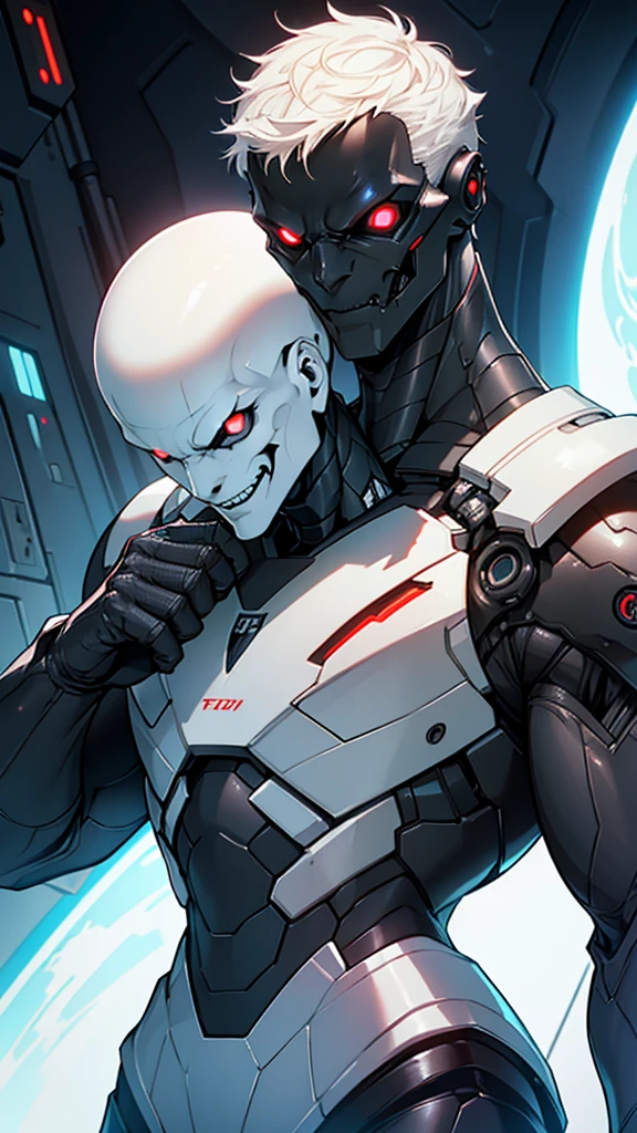 Cybernetic alien with detailed muscles realistic masterpieces full figure pose (best quality,ultra-detailed), pale skin, short hair, (evil sinister smile), wearing black mobile cybernetic battle spacesuit