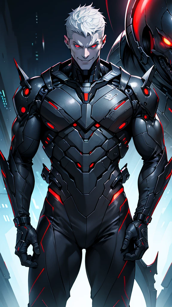 Cybernetic alien with detailed muscles realistic masterpieces full figure pose (best quality,ultra-detailed), pale skin, short hair, (evil sinister smile), wearing black mobile cybernetic battle spacesuit
