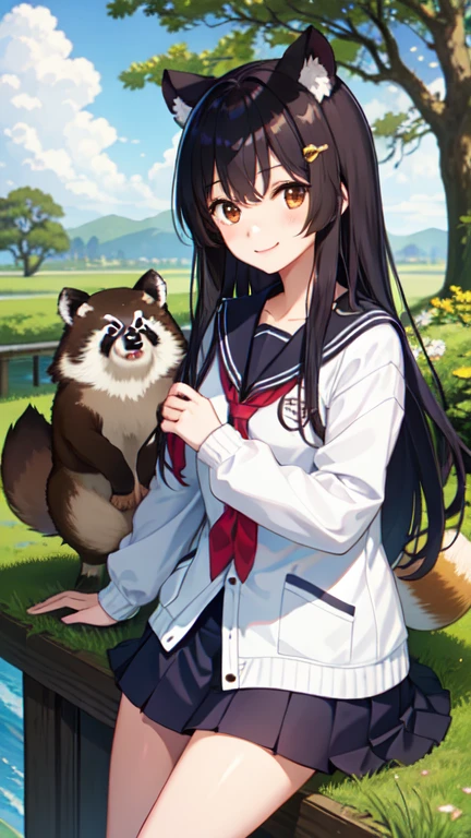 girl、smile、high school student、Tanuki ears、Tanuki&#39;s Tail、skirt、（Small breasts）、