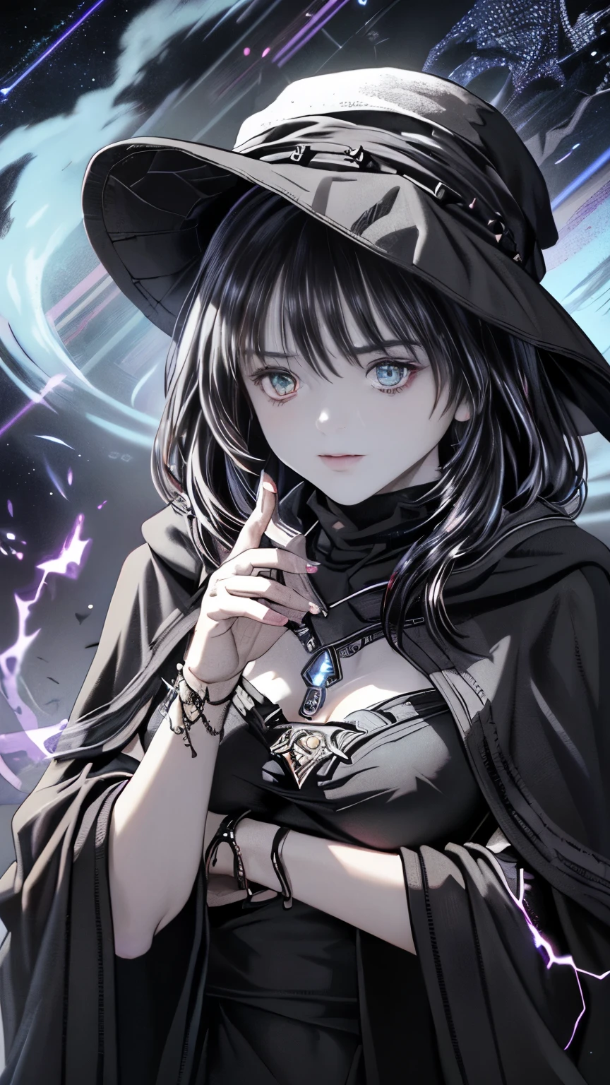 (Fatal Beauty,A charming villain,witch) ,(A supple and powerful physique),(Sensual charm),(Mysterious charm:1.1),(Captivating silhouette),(highest quality,High resolution:1.2),(dark,Threatening:1.1),((dark horror theme:1.5),(Thriller:1.5)),(Dark fantasy:1.5), (((Countless stars fly away:1.5),(Absurd:1.5),(wonderful:1.5))),Woman in a dress, ((((Glasses))))、((((big sapphire necklace))))、(Powerful numbers:1.1),(((Big Breasts))),(((Fiery crown:1.1))),prime color,Urban,Very detailed,masterpiece,Intricate details,Faded,Very detailed, Eye on the details,Intricate details,Dark and spooky atmosphere, spiritual being, Unforgettably beautiful, Ghostly figures, Shadow-like shape, Spooky whispers, Ominous Aura, Goth Maiden, Very darkHer eyes, Like dazzling fur in a starless haze,Her Mogul Snaps, Mysterious Cemetery,Black hair swaying in the moonlight, She summons darkness, (beautiful: 1.7), (Black Hat: 1.6), (An intricately decorated jet-black cloak: 1.6), (Delicately decorated cloak, Despite being damaged: 1.5), Hypermaximalist, Breathtaking oil paintings, Surreal, Ultra-realistic digital illustrations that mimic the style of oil paintings, Seamlessly blending the psychedelic visionary art of Alex Grey with the physical-mechanical aesthetic of H.R. Giger. Wonderful configuration, (Shining Eyes:1.6)、(Glowing Eyes:1.1),(hellish landscape:1.1),(fire,sulfur:1.1),(Threatening atmosphere:1.1),(dark shadows,Threatening presence:1.1),(Unlucky Clouds,Stormy Skies:1.1),(dark,Spooky atmosphere:1.1),(Aura of misfortune,Evil energy:1.1),(dark aura,cigarette:1.1),(Extreme heat,Burning Flames:1.1),(Nightmare Visions:1.1),(Predicting the end:1.1),(Whispers of misfortune,Devilish Laugh:1.1),(Cries of pain,echoing screams:1.1),(Bad luck symbol,Ancient runes:1.1),(Mysterious Relic,dark art ifacts:1.1),(Infernal Ritual,Ritual sacrifice:1.1),(Eternal Ruin,A hopeless existence:1.1), Inspired by abandoned mech backgrounds. Art created by Craig Mullins, Necrostyle., Detailed Description, Futurist