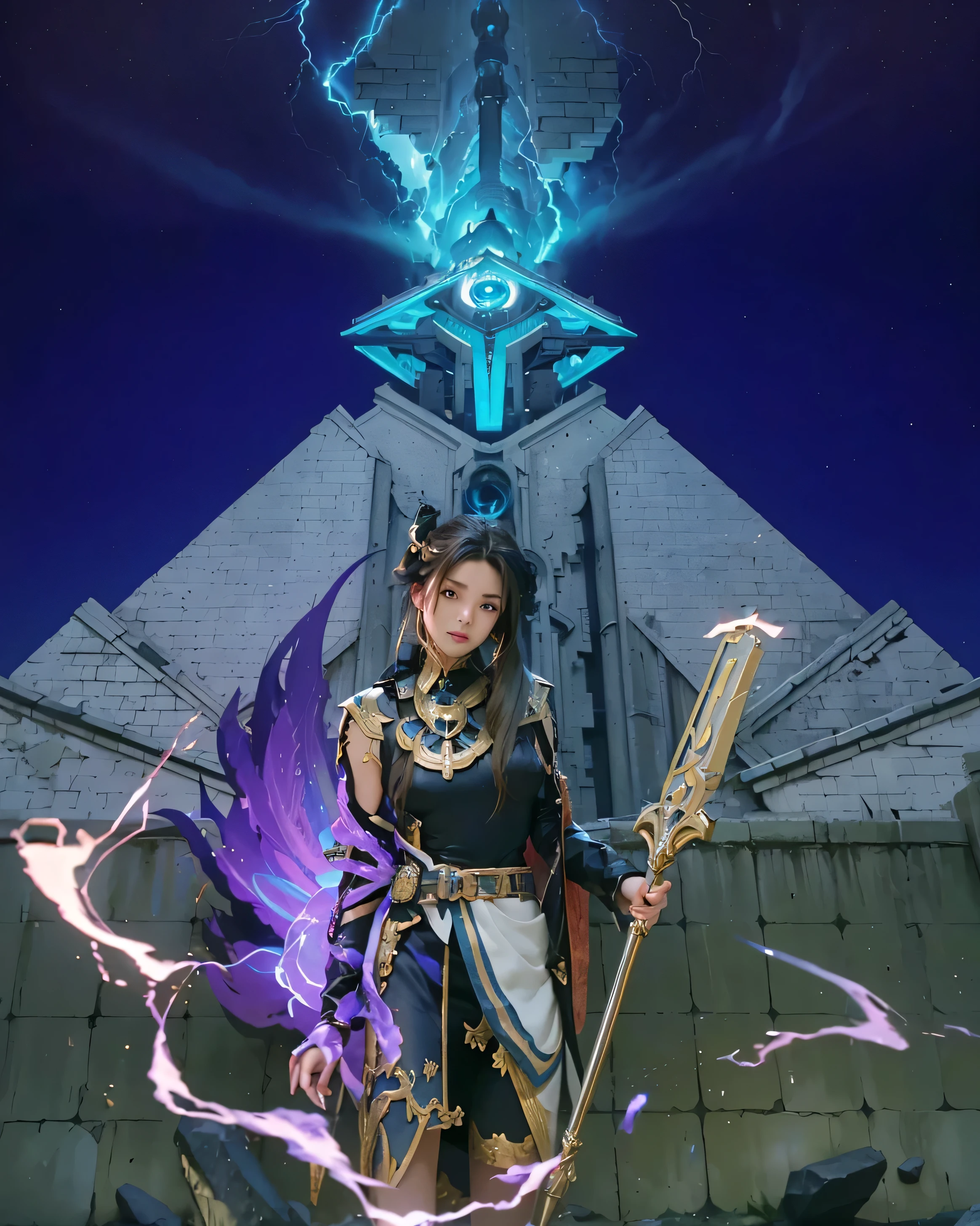 ((CYNO_GENSHIN IMPACT)),((realistic, photorealistic)),(highlight hair)), Light reflection, (( HD )),((upper body)), (((best quality, masterpiece))), (masterpiece) (best quality) (detail) (8k) (HDR) (wallpaper) (cinematic lighting) (sharp focuasterpiece, best quality: 1.1), Real life adaption of this character, Shining green eyes, realistic outfit, realistic shadow, realistic light, realism, hyper realistic, realistic background,Realistic hair, realistic hair at the back,(photorealistic:1.2), 1man,Pyramid background, bricks, lightning, devil's hand, stone fragments ,claw hand,