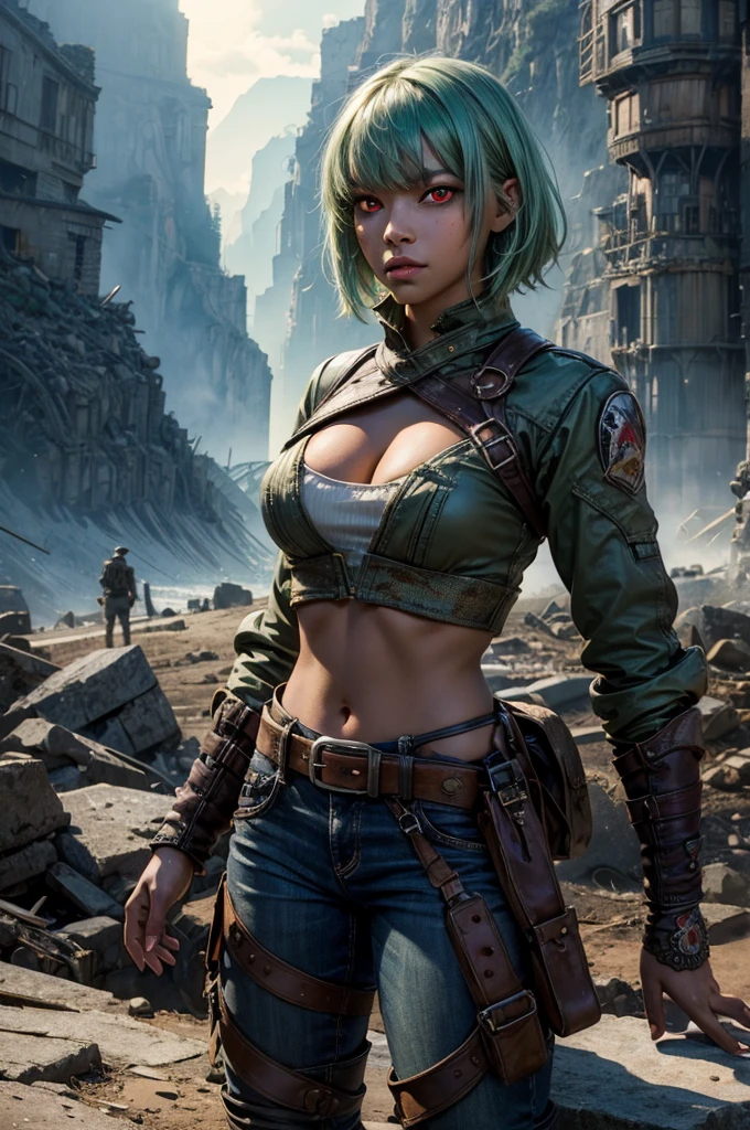 emeraldsustrai, emerald sustrai, short hair, (red eyes:1.5), green hair, dark skin, dark-skinned female, BREAK navel, cleavage, midriff, belt, cleavage cutout, chaps, BREAK sitting in city ruins on hill, in valley, BREAK mountains in background, waterfall, crowd, (crowd in military dress), post-apocalypse, dystopian future, (volumetric lighting), intricate details, tonemapping, sharp focus, hyper detailed, (cowboy shot:1.5), BREAK (masterpiece:1.2), best quality, high resolution, unity 8k wallpaper, (illustration:0.8), (beautiful detailed eyes:1.6), extremely detailed face, perfect lighting, extremely detailed CG, (perfect hands, perfect anatomy),