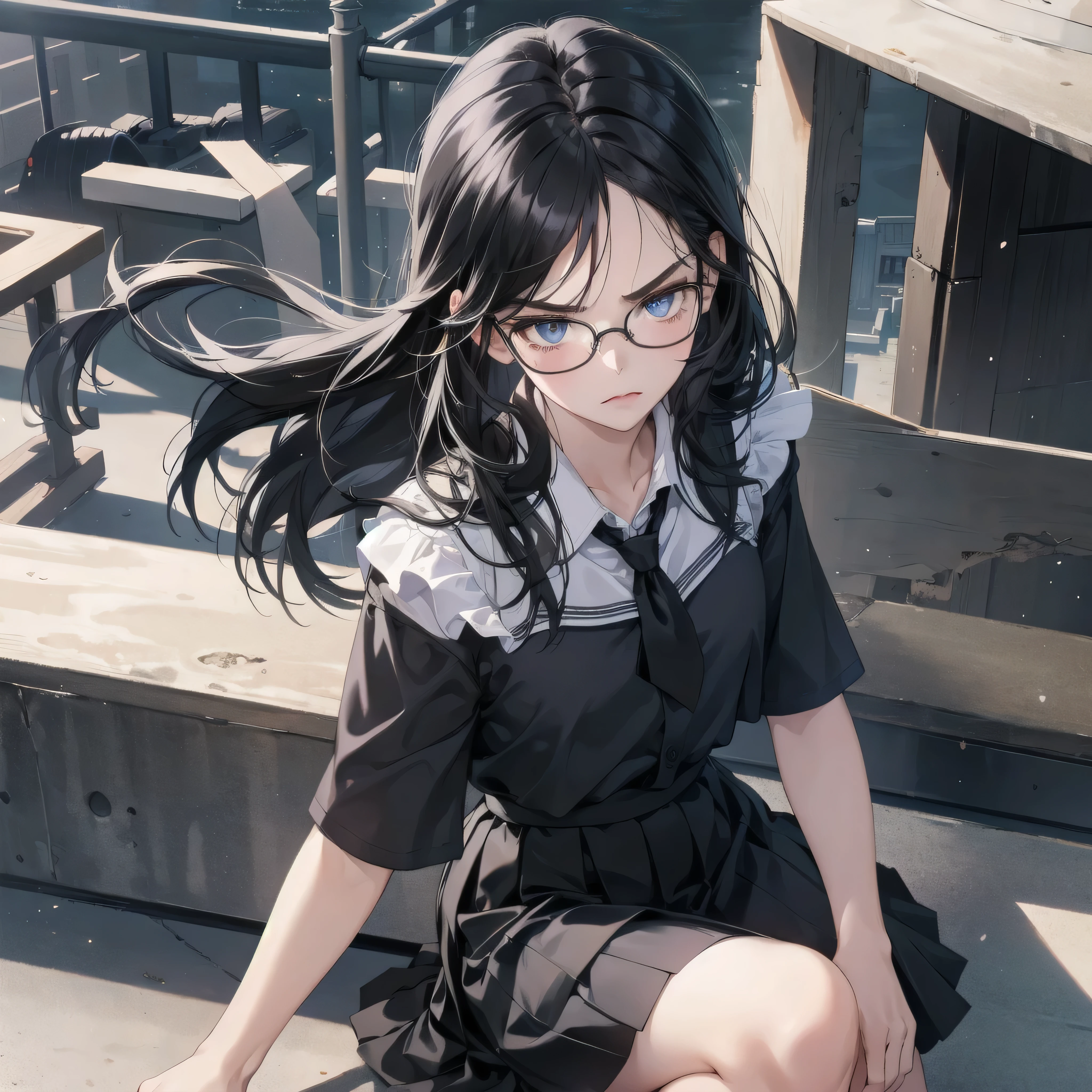 (masterpiece), 1girl, long black hair, dark blue eyes, eyeglasses, black , black short skirt, sitting, school rooftop, sunny, angry face, 8K, Hi-Res, 