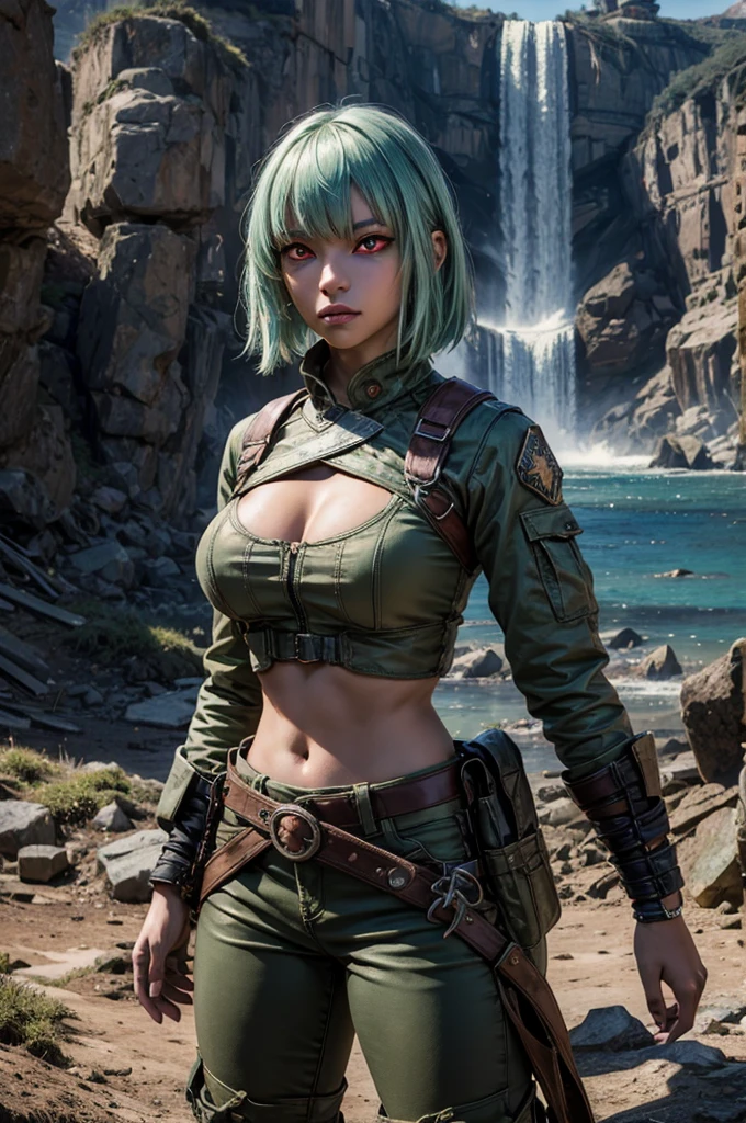 emeraldsustrai, emerald sustrai, short hair, (red eyes:1.5), green hair, dark skin, dark-skinned female, BREAK navel, cleavage, midriff, belt, cleavage cutout, chaps, BREAK sitting in city ruins on hill, in valley, BREAK mountains in background, waterfall, crowd, (crowd in military dress), post-apocalypse, dystopian future, (volumetric lighting), intricate details, tonemapping, sharp focus, hyper detailed, (cowboy shot:1.5), BREAK (masterpiece:1.2), best quality, high resolution, unity 8k wallpaper, (illustration:0.8), (beautiful detailed eyes:1.6), extremely detailed face, perfect lighting, extremely detailed CG, (perfect hands, perfect anatomy),