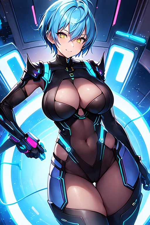 1girl, blue hair, very short hair, pixie cut, spiked hair, tomboy, bodysuit, large breasts, thick thighs, toned, mature female, tall female, futuristic, yellow eyes, black bodysuit, neon trim, science-fiction, neon, neon lights, smile, wide hips, light smile, happy