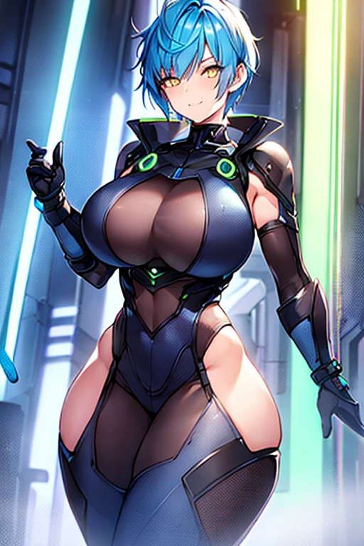 1girl, blue hair, very short hair, pixie cut, spiked hair, tomboy, bodysuit, large breasts, thick thighs, toned, mature female, tall female, futuristic, yellow eyes, black bodysuit, neon trim, science-fiction, neon, neon lights, smile, wide hips, light smile, happy