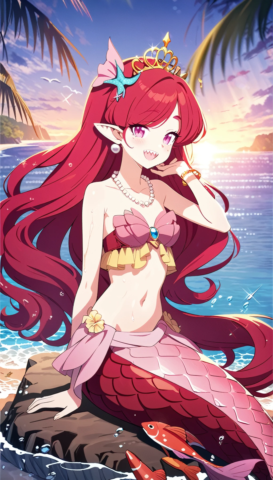 (best quality,4k,8k,highres,masterpiece:1.2),ultra-detailed, drawn in anime style, Pretty princess magically transformed into a beautiful mermaid, race swap, fantastic transformation, steampunk, fish like, wet body, dominant shades of red, surrounded by small bubbles, long and detailed mermaid tail with shimmering red fish scales, fins ears, very long pigtails red hair that sparkles in the light, sharp teeth, is smiling, pink eyes, small breast, long pelvic and dorsal fins, pair of fish gills on her neck and torso, red shell bra, starfish hair clips, pearl earrings and bracelets, pearl necklace, hair ribbons, gold tiara, embracing her new life has a mermaid, joyful expression, sitting on a rock, sandy beach, brushing her hair, ocean waves,sparkling water,coconut trees,seagulls,vibrant colors,magical glow,shimmering scales,sea breeze,warm sunlight,joyful expression,island paradise,lush tropical plants,dynamic composition,soft and smooth lines,expressive facial features,gentle water reflections,serene atmosphere, Highly detailed, masterpiece, high quality, 4K