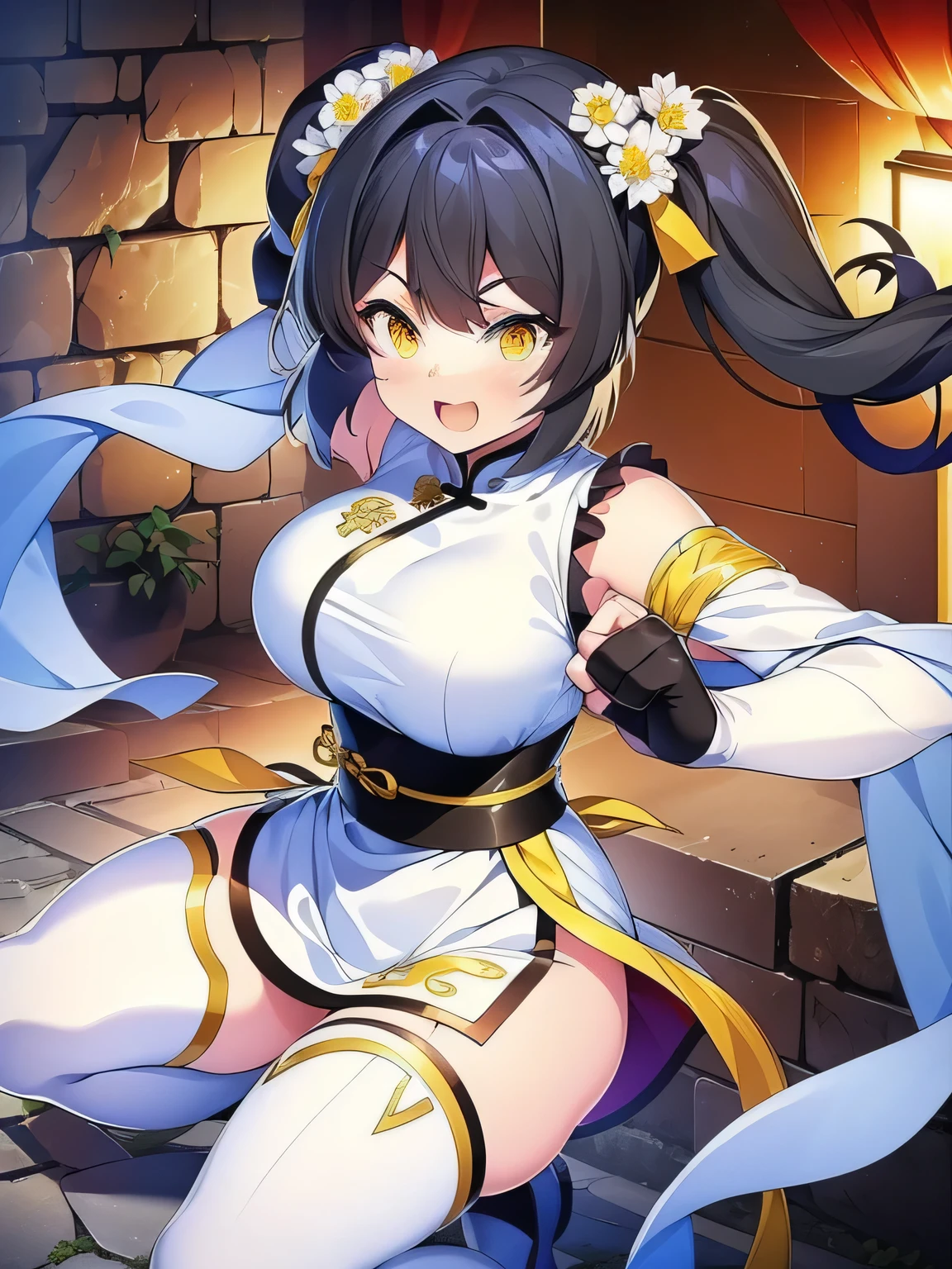 ((The best image quality、the best、1 girl、Drawing in detail))、
Black Hair、Twin tails、Twin tails cover,、Yellow ribbon、Long Hair、Straight hair、
Yellow Eyes、Amazing eyes、Active facial expression、Large Breasts、smile、Laugh with your mouth open、Brave look、
White Chinese Dress、Light blue purple flower pattern、slit、White tights、Black Gloves、Martial artist、fushan costume、Fighting Pose、
cave、indoor、Stone wall、darkness、ground、