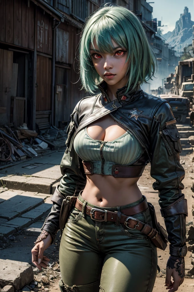 emeraldsustrai, emerald sustrai, short hair, (red eyes:1.5), green hair, dark skin, dark-skinned female, BREAK navel, cleavage, midriff, belt, cleavage cutout, chaps, BREAK sitting in city ruins on hill, in valley, BREAK mountains in background, waterfall, crowd, (crowd in military dress), post-apocalypse, dystopian future, (volumetric lighting), intricate details, tonemapping, sharp focus, hyper detailed, (cowboy shot:1.5), BREAK (masterpiece:1.2), best quality, high resolution, unity 8k wallpaper, (illustration:0.8), (beautiful detailed eyes:1.6), extremely detailed face, perfect lighting, extremely detailed CG, (perfect hands, perfect anatomy),