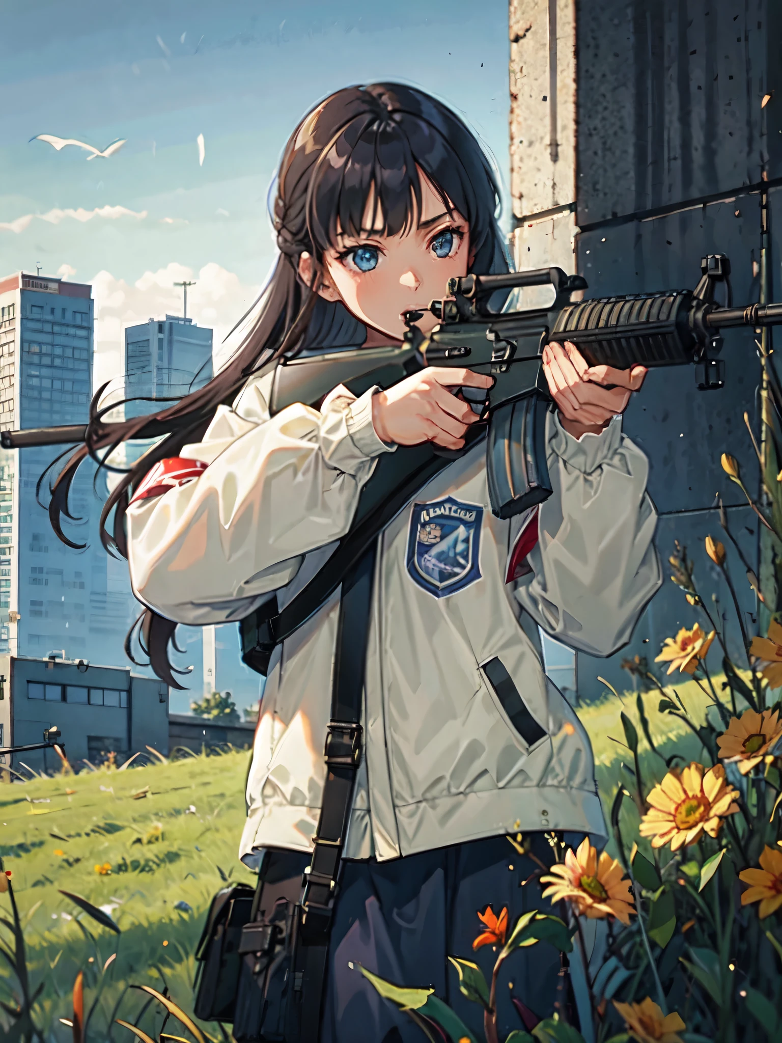 (masterpiece, best quality:1.2), solo, 1girl, using an m16a2, city backdrop