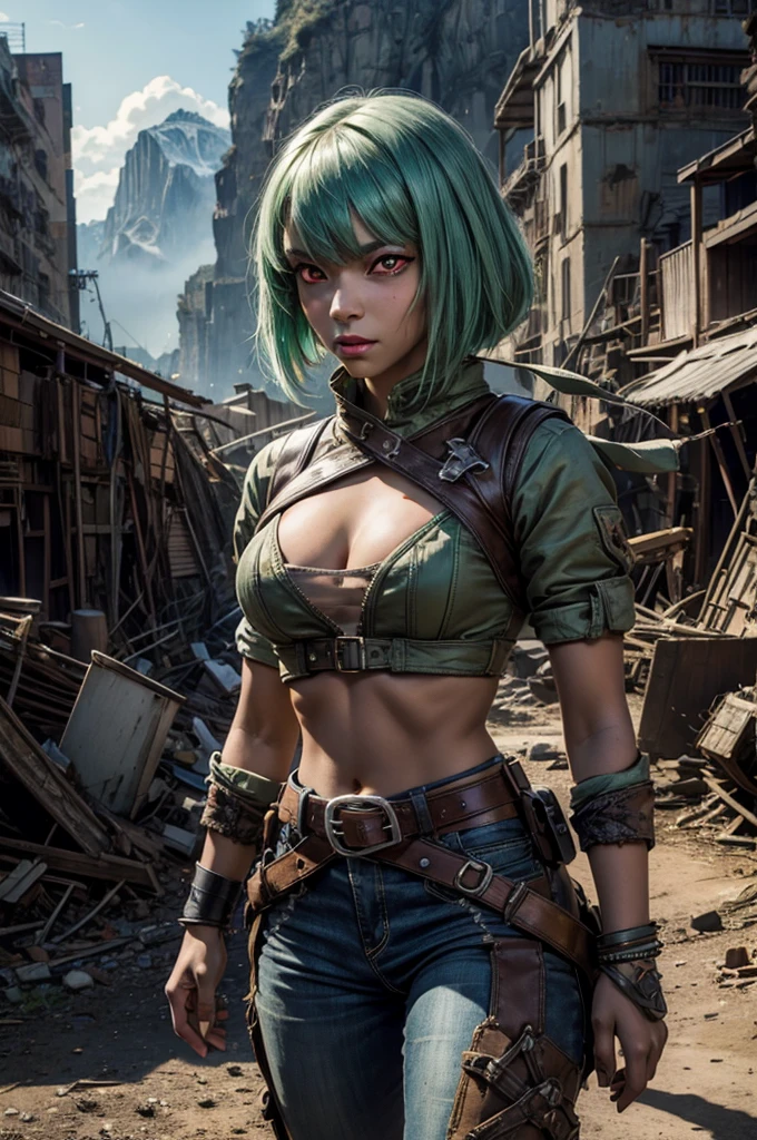 emeraldsustrai, emerald sustrai, short hair, (red eyes:1.5), green hair, dark skin, dark-skinned female, BREAK navel, cleavage, midriff, belt, cleavage cutout, chaps,  BREAK sitting in city ruins on hill, in valley, BREAK mountains in background, waterfall, crowd, (crowd in military dress), post-apocalypse, dystopian future, (volumetric lighting),  intricate details, tonemapping, sharp focus, hyper detailed, (cowboy shot:1.5), BREAK (masterpiece:1.2), best quality, high resolution, unity 8k wallpaper, (illustration:0.8), (beautiful detailed eyes:1.6), extremely detailed face, perfect lighting, extremely detailed CG, (perfect hands, perfect anatomy), 