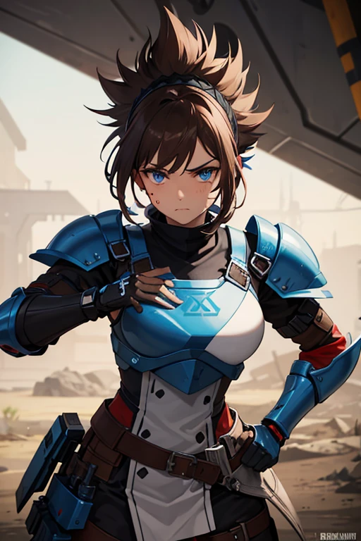 Brown mohawk, blue eyes, face scar, bad batch black and red colored clone armor, buff, fit with equipment, woman