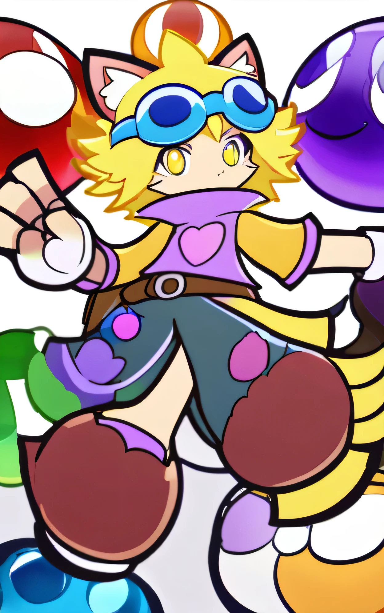 1boy, Furry cat boy with feline-like features, Head: Oval head cat, Cat-like ears with pink insides and a few tufts of hair on top. Eyes: Large, expressive yellow eyes, Hair Short, and yellow with darker brown patches, Goggles Round, blue-tinted goggles resting on the forehead. Top: Purple tunic with a high collar, secured with a brown belt around the waist. Chest: Brown utility pockets or pouches attached to the tunic. Gloves: Brown, fingerless gloves. Legs: Black pants that contrast with the rest of the outfit. Tail: Long, striped tail with alternating bands of cream and brown. Feet: Large, paw-like feet in shades matching the character’s fur. Style Influence: The overall design should blend the vibrant, playful essence of "Puyo Puyo Tetris 2014" with the detailed and dynamic style of "Star Wars: Visions, Style Influence: The overall design should blend the dynamic.