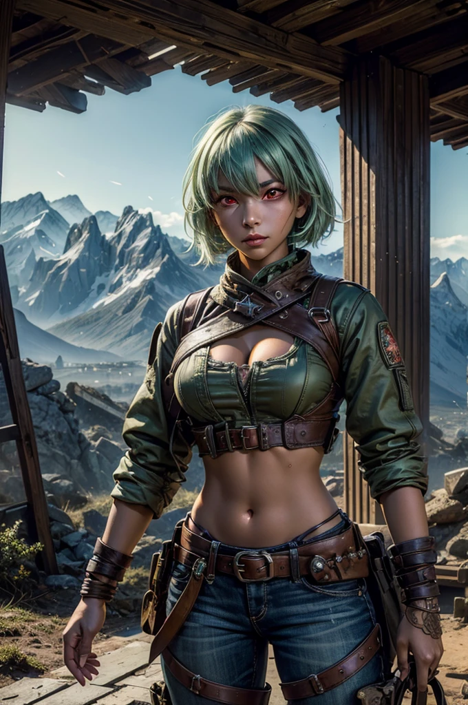 emeraldsustrai, emerald sustrai, short hair, (red eyes:1.5), green hair, dark skin, dark-skinned female, BREAK navel, cleavage, midriff, belt, cleavage cutout, chaps, BREAK sitting in city ruins on hill, in valley, BREAK mountains in background, waterfall, crowd, (crowd in military dress), post-apocalypse, dystopian future, (volumetric lighting), intricate details, tonemapping, sharp focus, hyper detailed, (cowboy shot:1.5), BREAK (masterpiece:1.2), best quality, high resolution, unity 8k wallpaper, (illustration:0.8), (beautiful detailed eyes:1.6), extremely detailed face, perfect lighting, extremely detailed CG, (perfect hands, perfect anatomy),