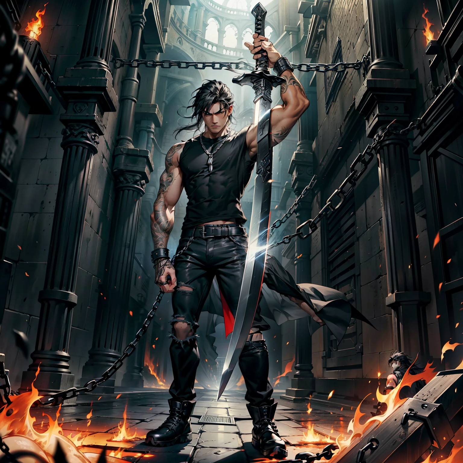 boys 26 Years old, Serious face, muscular, black hair, flowing hair, wearing ((black shirt)), sleeveless, black bootcut trousers, black shoes, holding sword, flames, chains, giant sword