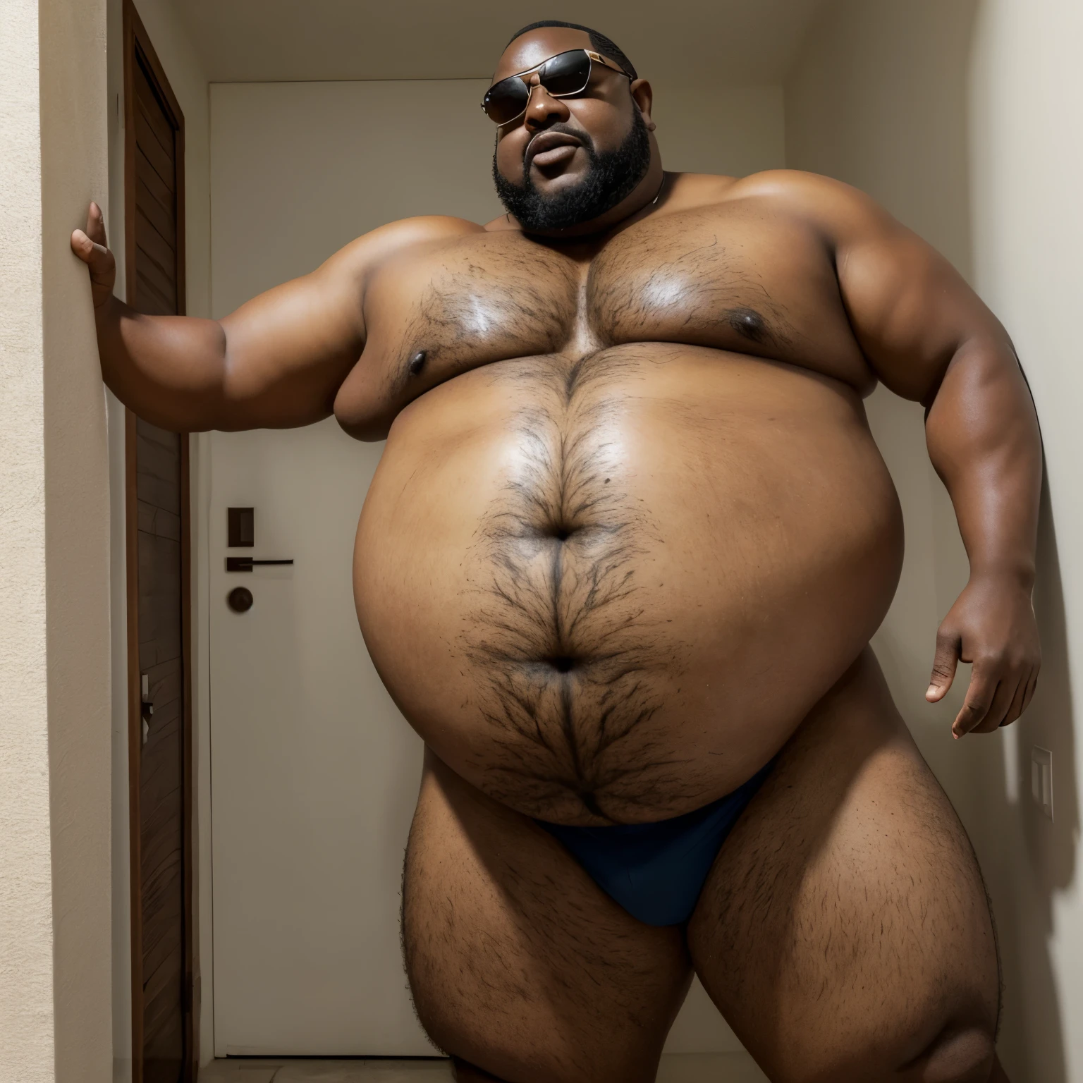 (8K Graphic Art): Un hombre africano calvo cacheton gigante, obeso, muy barrigon, serio, grumpy 60 year old with 35 meters height like (guardaespalda) con un enorme vientre, corpulento de barriga con una forma redonda con un cuerpo obeso completo, standing in a hallway with a huge distended belly sticking out to the side like a huge beach ball, wearing a swimsuit, gafas de sol su vientre es parecido a un enorme globo hinchado de 800 libras lleno de mucha cerveza con una enorme barriga colgando entre sus rodillas, with his arms supporting his father's stomach