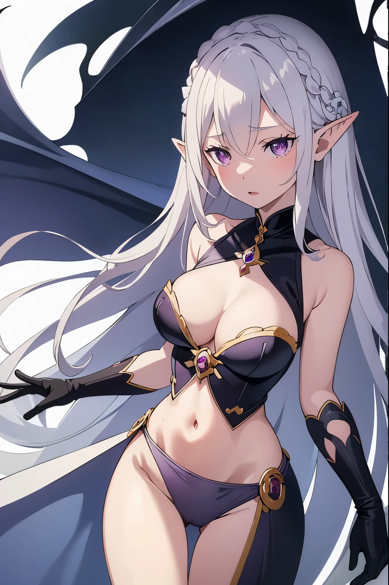 Emilia re:zero, purple eyes, Emilia, crown braid, x hair ornament, flower hair ornament, white hair, long hair, medium breasts, 1girl, anime, cute girl, elf, blank background, white background, fantasy, detailed dark fantasy dress with highlights, beautiful face, beautiful eyes, dark colors, medium breasts, slight cleavage, beautiful skin, cute, silver hair, red eyes, breast curtains, extremely delicate and beautiful, (beautiful detailed face:1.0), (detailed deep eyes), symmetrical breasts, deep eyes, shiny skin, portrait, slender waist, hips wider than shoulders, thighs, young girl