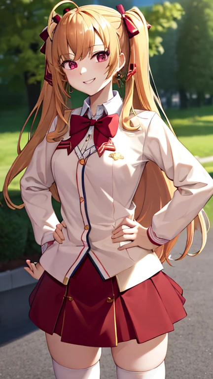 masterpiece, best quality, highres, hmtr, two side up, long hair, ahoge, hair ribbon, red ribbon, earrings, jewelry, red bowtie, white cardigan, medium breasts, long sleeves, red skirt, thighhighs, smile, outdoor, hand on hip,