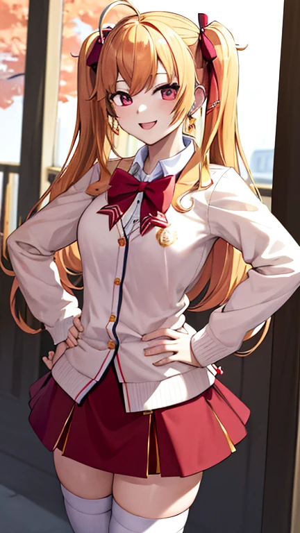 masterpiece, best quality, highres, hmtr, two side up, long hair, ahoge, hair ribbon, red ribbon, earrings, jewelry, red bowtie, white cardigan, medium breasts, long sleeves, red skirt, thighhighs, smile, outdoor, hand on hip,