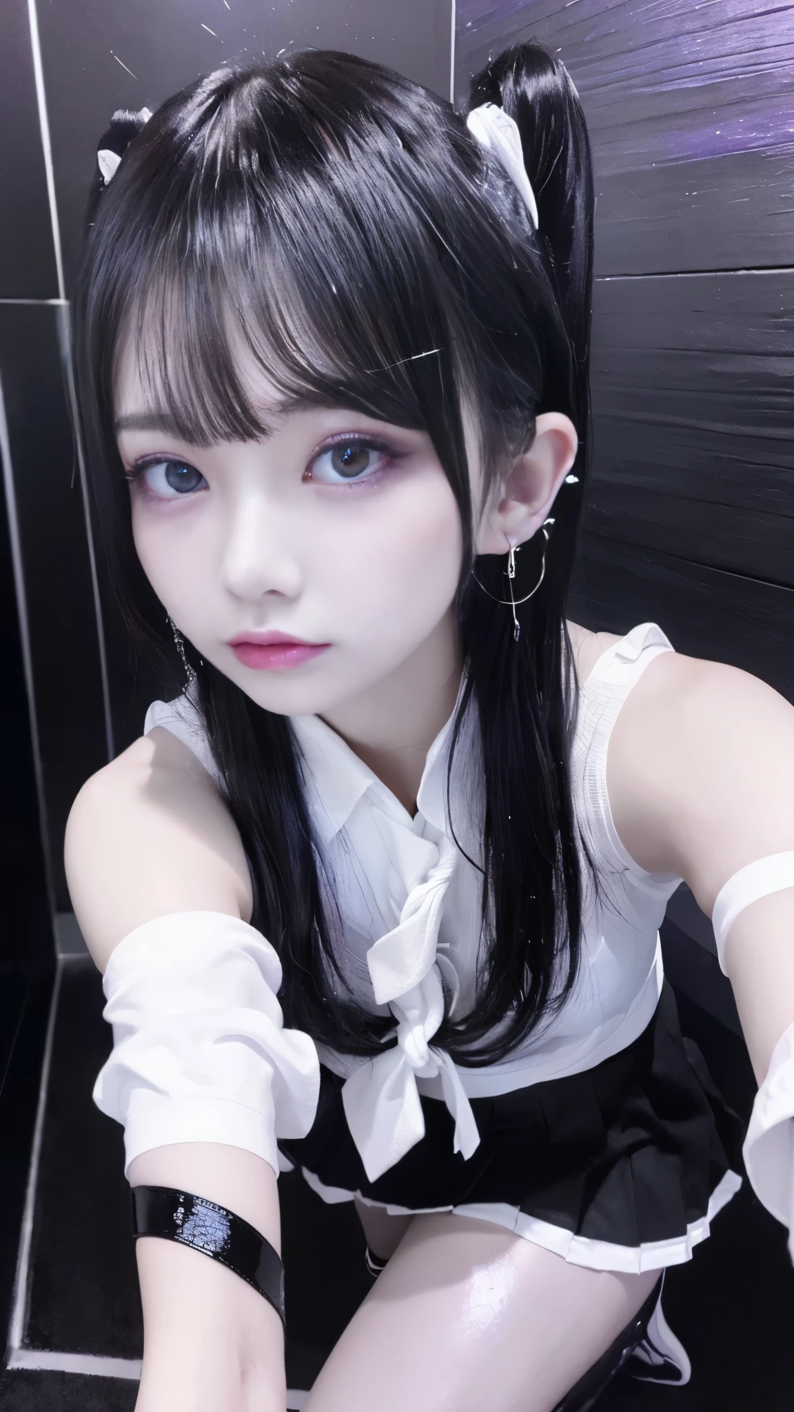(masterpiece, highest quality, highest quality, official art, beautiful and aesthetic:1.2), (2 girls:1.8), Cinematic lighting、(Key light at 45 degrees from the front,Orange fill light、Soft blue backlight、Strong shadows、blue and orange color palette), accurate human body、detailed person、Correct five-finger、RAW photo、 4K - ultra-vivid、highest quality, masterpiece, ultra high resolution, (reality: 1.4),
(((oil skin,sparkling skin、realistic skin texture、detailed beautiful skin、shiny skin、shiny skin)))、
upper body shot, camera angle is low, Depth of the bounds written, Focus on the center, fine eyes, perfect face and eyes、
1 girl、
, (Goth Makeup), (white skin), (T-shirt and skirt), (Show below ), (Fishnet tights), (belly button jewelry), (pierced ears), (Pierced Lips), /purple eyes/, /Short black emo hair/, (big breasts), (8K), (wallpaper), (dynamic lighting), (detailed face and eyes:1.2)、short skirt、Thick-soled low-cut boots and large shirts、off shoulder, / 1 Girl、/Jet black hair/、(((/black and purple super shiny latex panties/)))、((( /black skin/ , /White shirt with tie/ , high school girl、pleated skirt , oil skin)))、(shiny body: 1.5)、 please be shy、(Ahegao:1.5)、((/black mask/))、full of embarrassment、sexy pose、((vapor))、/break/, Love hotel shower room、shower room、neon light、Sparkling bath、(uv light:1.5, Fluorescent black light lighting, dim room:1.5、Desaturation in the room :1.5, jirai girl:1.5)