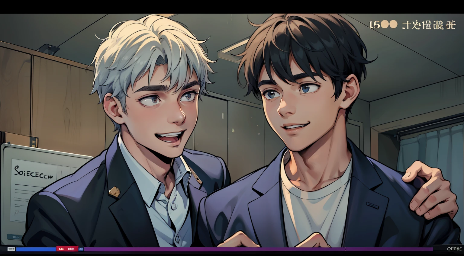 There are two handsome 18-year-old men, one of them is smiling, the other is worried and afraid.
