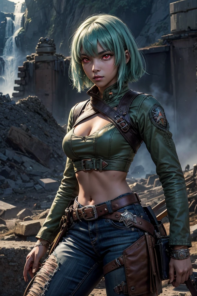 emeraldsustrai, emerald sustrai, short hair, (red eyes:1.5), green hair, dark skin, dark-skinned female, BREAK navel, cleavage, midriff, belt, cleavage cutout, chaps,  BREAK sitting in city ruins on hill, in valley, BREAK mountains in background, waterfall, crowd, (crowd in military dress), post-apocalypse, dystopian future, (volumetric lighting),  intricate details, tonemapping, sharp focus, hyper detailed, (cowboy shot:1.5), BREAK (masterpiece:1.2), best quality, high resolution, unity 8k wallpaper, (illustration:0.8), (beautiful detailed eyes:1.6), extremely detailed face, perfect lighting, extremely detailed CG, (perfect hands, perfect anatomy), 