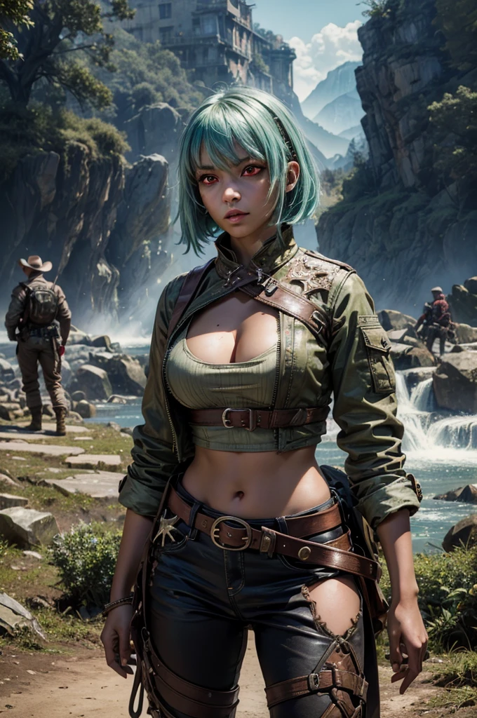 emeraldsustrai, emerald sustrai, short hair, (red eyes:1.5), green hair, dark skin, dark-skinned female, BREAK navel, cleavage, midriff, belt, cleavage cutout, chaps,  BREAK sitting in city ruins on hill, in valley, BREAK mountains in background, waterfall, crowd, (crowd in military dress), post-apocalypse, dystopian future, (volumetric lighting),  intricate details, tonemapping, sharp focus, hyper detailed, (cowboy shot:1.5), BREAK (masterpiece:1.2), best quality, high resolution, unity 8k wallpaper, (illustration:0.8), (beautiful detailed eyes:1.6), extremely detailed face, perfect lighting, extremely detailed CG, (perfect hands, perfect anatomy), 