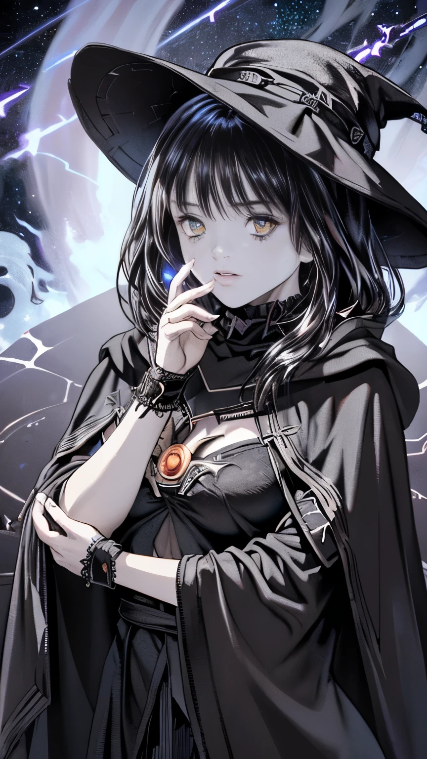 (Fatal Beauty,A charming villain,witch) ,(A supple and powerful physique),(Sensual charm),(Mysterious charm:1.1),(Captivating silhouette),(highest quality,High resolution:1.2),(dark,Threatening:1.1),((dark horror theme:1.5),(Thriller:1.5)),(Dark fantasy:1.5),  (((Countless stars fly away:1.5),(Absurd:1.5),(wonderful:1.5))),Woman in a dress, ((((Glasses))))、((((big sapphire necklace))))、(Powerful numbers:1.1),(((Big Breasts))),(((Fiery crown:1.1))),prime color,Urban,Very detailed,masterpiece,Intricate details,Faded,Very detailed, Eye on the details,Intricate details,Dark and spooky atmosphere,  spiritual being, Unforgettably beautiful, Ghostly figures, Shadow-like shape, Spooky whispers, Ominous Aura, Goth Maiden, Very darkHer eyes, Like dazzling fur in a starless haze,Her Mogul Snaps, Mysterious Cemetery,Black hair swaying in the moonlight, She summons darkness, (beautiful: 1.7), (Black Hat: 1.6), (An intricately decorated jet-black cloak: 1.6), (Delicately decorated cloak, Despite being damaged: 1.5), Hypermaximalist,  Breathtaking oil paintings, Surreal, Ultra-realistic digital illustrations that mimic the style of oil paintings, Seamlessly blending the psychedelic visionary art of Alex Grey with the physical-mechanical aesthetic of H.R. Giger. Wonderful configuration,  (Shining Eyes:1.6)、(Glowing Eyes:1.1),(hellish landscape:1.1),(fire,sulfur:1.1),(Threatening atmosphere:1.1),(dark shadows,Threatening presence:1.1),(Unlucky Clouds,Stormy Skies:1.1),(dark,Spooky atmosphere:1.1),(Aura of misfortune,Evil energy:1.1),(dark aura,cigarette:1.1),(Extreme heat,Burning Flames:1.1),(Nightmare Visions:1.1),(Predicting the end:1.1),(Whispers of misfortune,Devilish Laugh:1.1),(Cries of pain,echoing screams:1.1),(Bad luck symbol,Ancient runes:1.1),(Mysterious Relic,dark art ifacts:1.1),(Infernal Ritual,Ritual sacrifice:1.1),(Eternal Ruin,A hopeless existence:1.1),  Inspired by abandoned mech backgrounds. Art created by Craig Mullins, Necrostyle., Detailed Description, Futurist