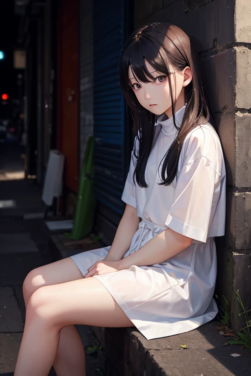 highest quality、masterpiece、High sensitivity、High resolution、One Woman、Looking at me with a frightened expression、Sitting down in a dimly lit alley、His clothes were cut with a knife、Covering exposed skin with hands、