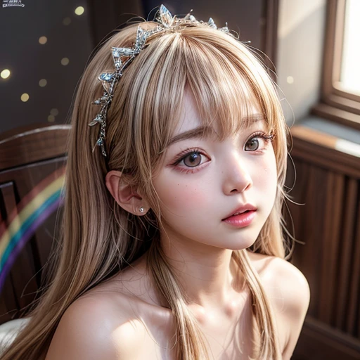 NSFW, 8k, High-level, absurd, masterpiece, best quality, primitive, very detailed CG, very detailed wallpaper, perfect lighting, Extremely detailed (((The personifying " Princes Peach " as a ))), MysticSight, Tyndall effect, Tyndall scattering, Studio gray background with (many Dazzling RainbowColor particles BokeH:1.28), (RoundlyButts, ThighGap), (Exposed:0.4), (Assfocus with looking ahead), BREAK (NOGIZAKA face variations) Extremely Detailed very KAWAII face variations, perfect anatomy, Childish, captivating gaze, elaborate detailed Eyes with (sparkling highlights:1.28), long eyelashes、Glossy RED Lips with beautiful details, Coquettish tongue, Rosy cheeks, Radiant PearlSkin with clear transparency . { (Dynamic LifeLike expressions:1.4) | :d) }, (large eyes:-1) .