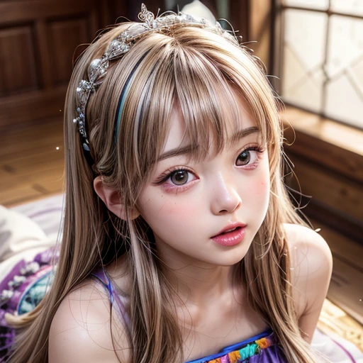 NSFW, 8k, High-level, absurd, masterpiece, best quality, primitive, very detailed CG, very detailed wallpaper, perfect lighting, Extremely detailed (((The personifying " Princes Peach " as a Little Girl))), MysticSight, Tyndall effect, Tyndall scattering, Studio gray background with (many Dazzling RainbowColor particles BokeH:1.28), (RoundlyButts, ThighGap), (Exposed:0.4), (Assfocus with looking ahead), BREAK (NOGIZAKA face variations) Extremely Detailed very KAWAII face variations, perfect anatomy, Childish, captivating gaze, elaborate detailed Eyes with (sparkling highlights:1.28), long eyelashes、Glossy RED Lips with beautiful details, Coquettish tongue, Rosy cheeks, Radiant PearlSkin with clear transparency . { (Dynamic LifeLike expressions:1.4) | :d) }, (large eyes:-1) .