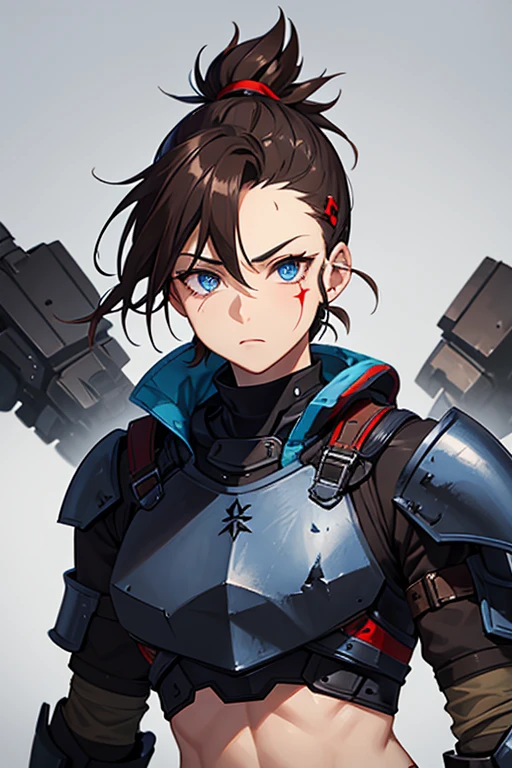 Short Brown mohawk, blue eyes, face scar, bad batch black and red colored clone armor, buff, fit with equipment, woman