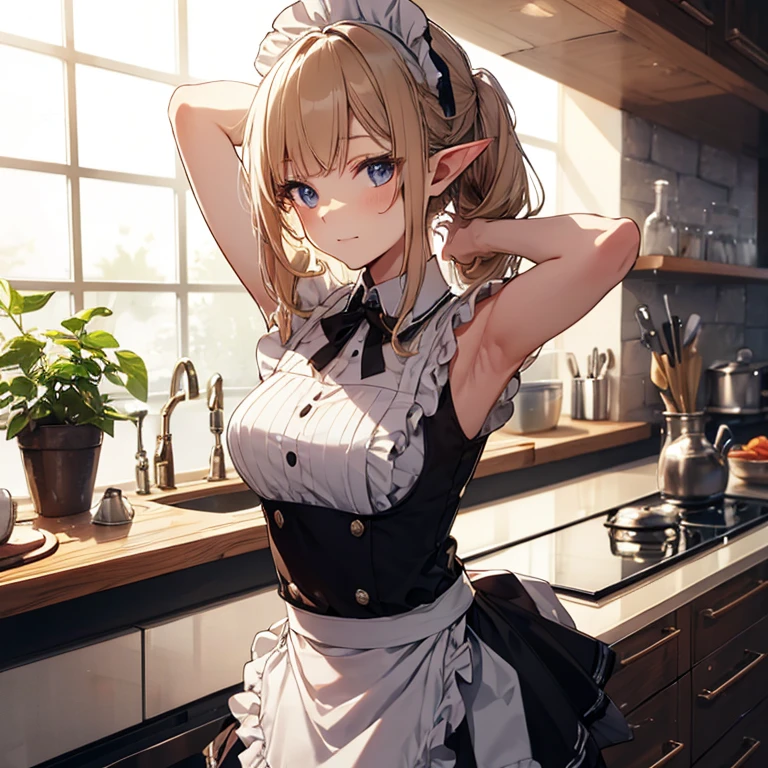 A maid, (in kitchen), various hair styles, night, details face, short skirt, seducing, sleeveless, maid uniform, armpits, elf