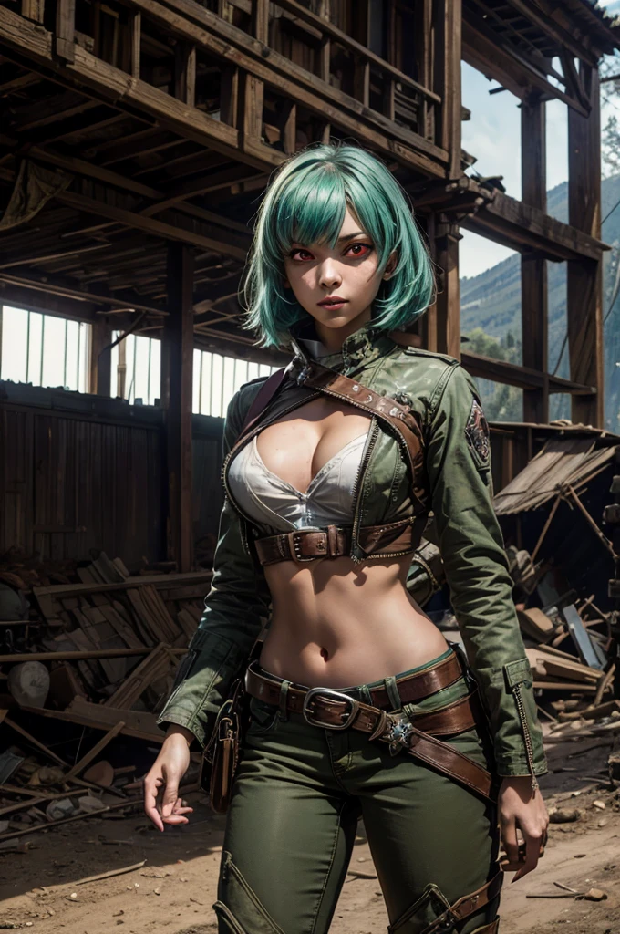 emeraldsustrai, emerald sustrai, short hair, (red eyes:1.5), green hair, dark skin, dark-skinned female, BREAK navel, , midriff, belt, cleavage chaps, BREAK sitting in city ruins on hill, in valley, BREAK mountains in background, waterfall, crowd, (crowd in military dress), post-apocalypse, dystopian future, (volumetric lighting), intricate details, tonemapping, sharp focus, hyper detailed, (cowboy shot:1.5), BREAK (masterpiece:1.2), best quality, high resolution, unity 8k wallpaper, (illustration:0.8), (beautiful detailed eyes:1.6), extremely detailed face, perfect lighting, extremely detailed CG, (perfect hands, perfect anatomy),