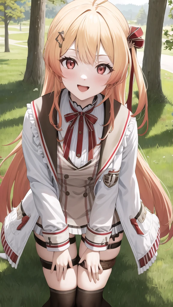 masterpiece, best quality, highres, kanadeyj, long hair, one side up, hair ribbon, hair ornament, ahoge, red eyes, neck ribbon, red ribbon, brown dress, white jacket, open clothes, long sleeves, thigh strap, black thighhighs, outdoors, cherry blossoms, standing, leaning forward, smile, open mouth, hand on own knee,