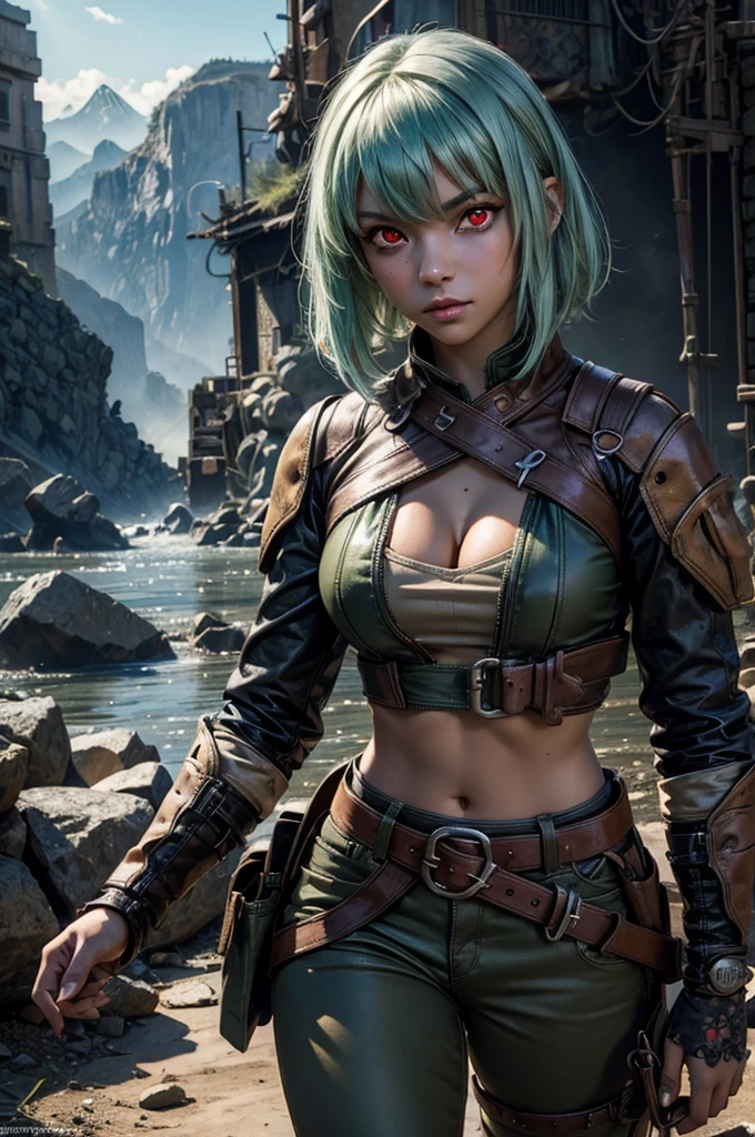 emeraldsustrai, emerald sustrai, short hair, (red eyes:1.5), green hair, dark skin, dark-skinned female, BREAK navel, cleavage, midriff, belt, cleavage cutout, chaps,  BREAK sitting in city ruins on hill, in valley, BREAK mountains in background, waterfall, crowd, (crowd in military dress), post-apocalypse, dystopian future, (volumetric lighting),  intricate details, tonemapping, sharp focus, hyper detailed, (cowboy shot:1.5), BREAK (masterpiece:1.2), best quality, high resolution, unity 8k wallpaper, (illustration:0.8), (beautiful detailed eyes:1.6), extremely detailed face, perfect lighting, extremely detailed CG, (perfect hands, perfect anatomy), 