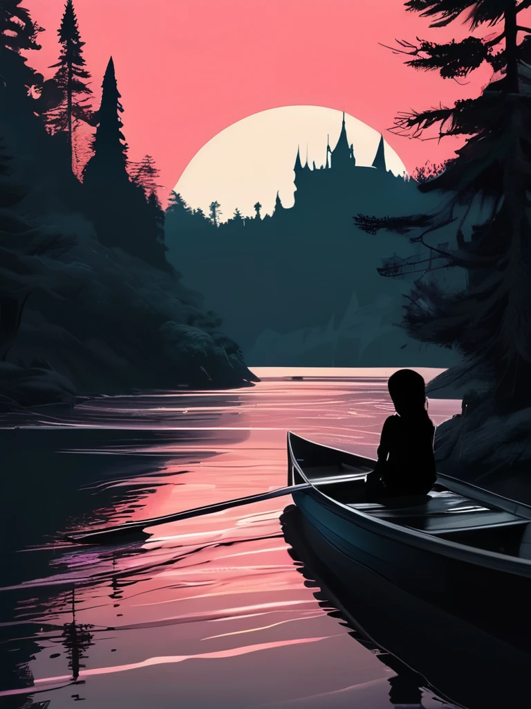 detailed (Anime Artwork:1.2) A lovely woman sitting on a boat in a quiet river, In the distance there is a gorgeous Gothic castle and a high bridge. A pale sun in a red sky illuminates the silhouette of pine trees. Monochrome pink. High contrast. Textured. Gothic Graphic Art