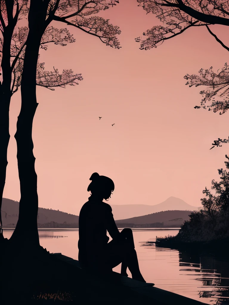 detailed (Anime Artwork:1.2) A lovely woman sitting on a boat in a quiet river, In the distance there is a gorgeous Gothic castle and a high bridge. A pale sun in a red sky illuminates the silhouette of pine trees. Monochrome pink. High contrast. Textured. Gothic Graphic Art