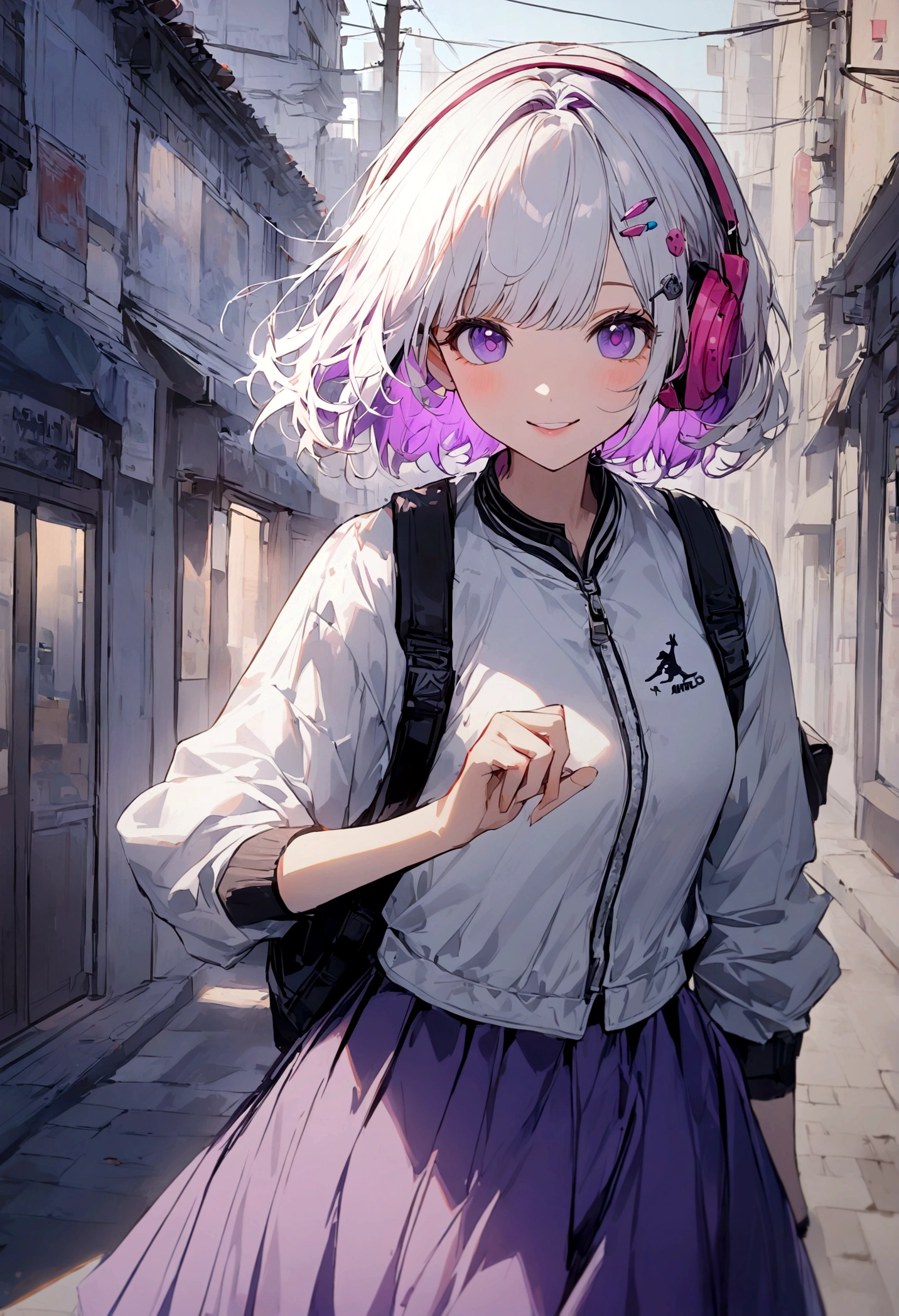 1girl, pink headphone over head, white hair,purple inner, purple eyes, bangs, short hair, front hair clips, left hairclips, white jacket, backpack, medium skirt, white Air jordan, street, sidewalk, smile, departed lips, beautiful, aesthetic, detailed, beautiful color amazing quality, best quality, high quality